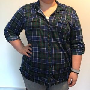 French Laundry Plaid Button Sleeve Top